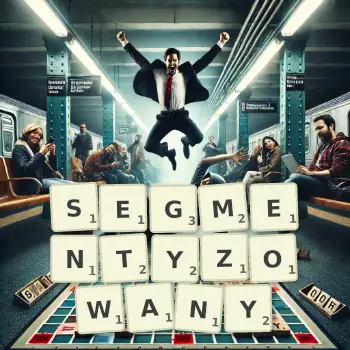 Kreatywna ilustracja do gry w Scrabble ze słowem SEGMENTYZOWANY ułożonym z płytek na planszy.