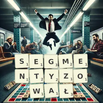 Kreatywna ilustracja do gry w Scrabble ze słowem SEGMENTYZOWAŁ ułożonym z płytek na planszy.