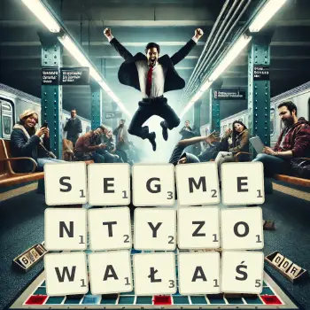 Kreatywna ilustracja do gry w Scrabble ze słowem SEGMENTYZOWAŁAŚ ułożonym z płytek na planszy.