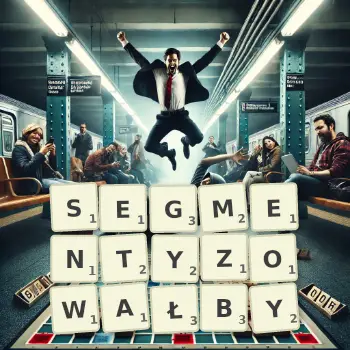Kreatywna ilustracja do gry w Scrabble ze słowem SEGMENTYZOWAŁBY ułożonym z płytek na planszy.