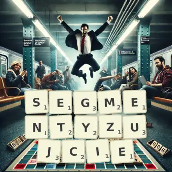 Kreatywna ilustracja do gry w Scrabble ze słowem SEGMENTYZUJCIE ułożonym z płytek na planszy.