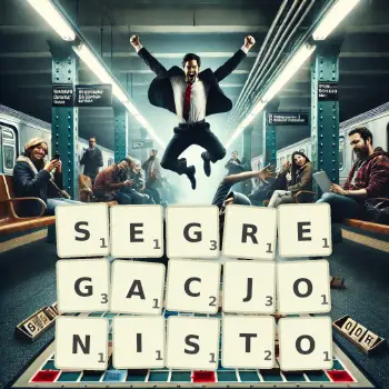 Kreatywna ilustracja do gry w Scrabble ze słowem SEGREGACJONISTO ułożonym z płytek na planszy.