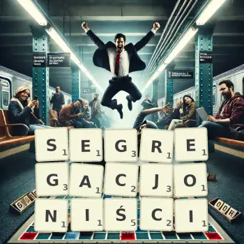 Kreatywna ilustracja do gry w Scrabble ze słowem SEGREGACJONIŚCI ułożonym z płytek na planszy.