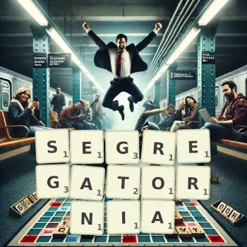Kreatywna ilustracja do gry w Scrabble ze słowem SEGREGATORNIA ułożonym z płytek na planszy.