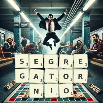 Kreatywna ilustracja do gry w Scrabble ze słowem SEGREGATORNIO ułożonym z płytek na planszy.