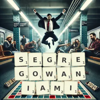 Kreatywna ilustracja do gry w Scrabble ze słowem SEGREGOWANIAMI ułożonym z płytek na planszy.