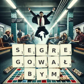 Kreatywna ilustracja do gry w Scrabble ze słowem SEGREGOWAŁBYM ułożonym z płytek na planszy.