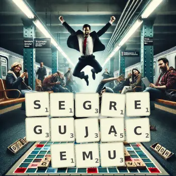 Kreatywna ilustracja do gry w Scrabble ze słowem SEGREGUJĄCEMU ułożonym z płytek na planszy.