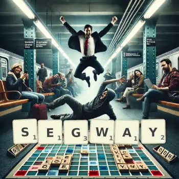 Kreatywna ilustracja do gry w Scrabble ze słowem SEGWAY ułożonym z płytek na planszy.