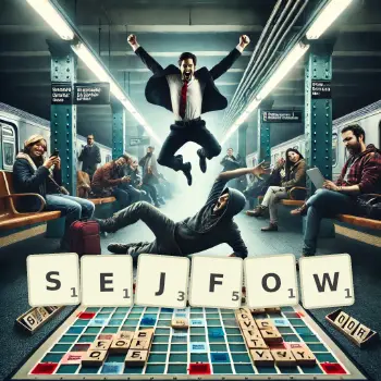 Kreatywna ilustracja do gry w Scrabble ze słowem SEJFOW ułożonym z płytek na planszy.