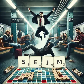 Kreatywna ilustracja do gry w Scrabble ze słowem SEJM ułożonym z płytek na planszy.