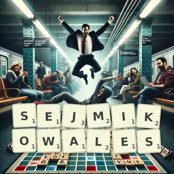 Kreatywna ilustracja do gry w Scrabble ze słowem SEJMIKOWALES ułożonym z płytek na planszy.