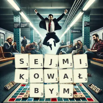 Kreatywna ilustracja do gry w Scrabble ze słowem SEJMIKOWAŁBYM ułożonym z płytek na planszy.
