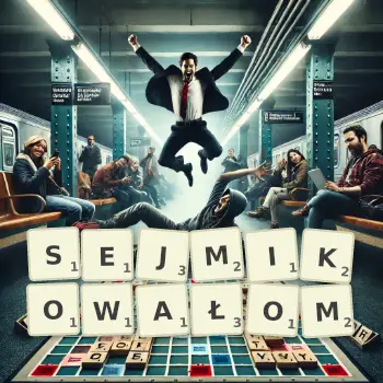 Kreatywna ilustracja do gry w Scrabble ze słowem SEJMIKOWAŁOM ułożonym z płytek na planszy.