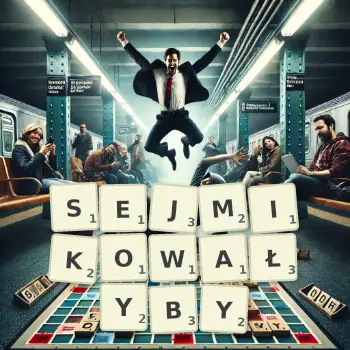 Kreatywna ilustracja do gry w Scrabble ze słowem SEJMIKOWAŁYBY ułożonym z płytek na planszy.