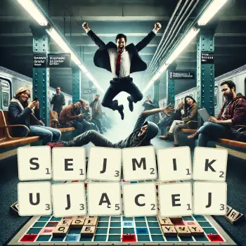 Kreatywna ilustracja do gry w Scrabble ze słowem SEJMIKUJĄCEJ ułożonym z płytek na planszy.