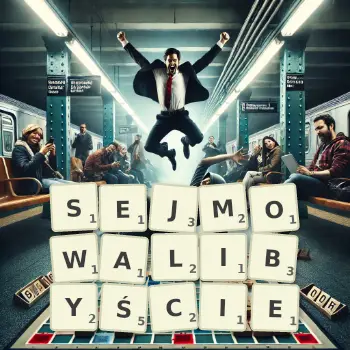 Kreatywna ilustracja do gry w Scrabble ze słowem SEJMOWALIBYŚCIE ułożonym z płytek na planszy.