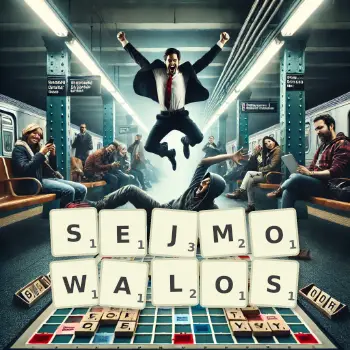 Kreatywna ilustracja do gry w Scrabble ze słowem SEJMOWALOS ułożonym z płytek na planszy.