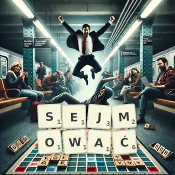 Kreatywna ilustracja do gry w Scrabble ze słowem SEJMOWAĆ ułożonym z płytek na planszy.