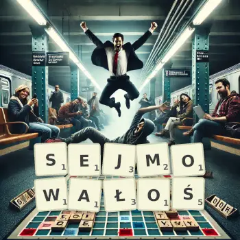 Kreatywna ilustracja do gry w Scrabble ze słowem SEJMOWAŁOŚ ułożonym z płytek na planszy.