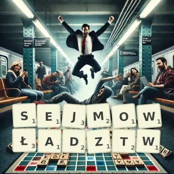 Kreatywna ilustracja do gry w Scrabble ze słowem SEJMOWŁADZTW ułożonym z płytek na planszy.