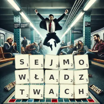 Kreatywna ilustracja do gry w Scrabble ze słowem SEJMOWŁADZTWACH ułożonym z płytek na planszy.