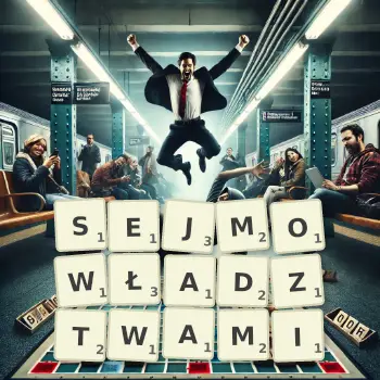 Kreatywna ilustracja do gry w Scrabble ze słowem SEJMOWŁADZTWAMI ułożonym z płytek na planszy.