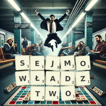 Kreatywna ilustracja do gry w Scrabble ze słowem SEJMOWŁADZTWO ułożonym z płytek na planszy.