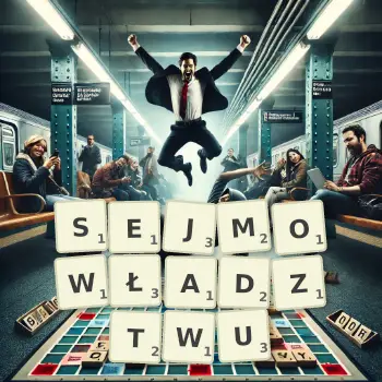 Kreatywna ilustracja do gry w Scrabble ze słowem SEJMOWŁADZTWU ułożonym z płytek na planszy.