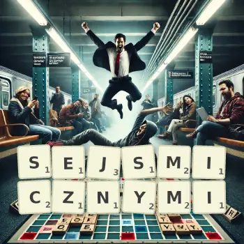 Kreatywna ilustracja do gry w Scrabble ze słowem SEJSMICZNYMI ułożonym z płytek na planszy.