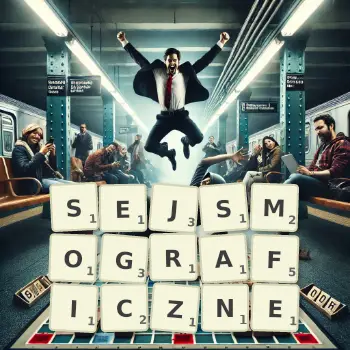 Kreatywna ilustracja do gry w Scrabble ze słowem SEJSMOGRAFICZNE ułożonym z płytek na planszy.