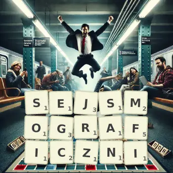 Kreatywna ilustracja do gry w Scrabble ze słowem SEJSMOGRAFICZNI ułożonym z płytek na planszy.