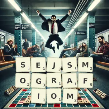 Kreatywna ilustracja do gry w Scrabble ze słowem SEJSMOGRAFIOM ułożonym z płytek na planszy.