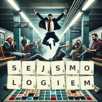 Kreatywna ilustracja do gry w Scrabble ze słowem SEJSMOLOGIEM ułożonym z płytek na planszy.
