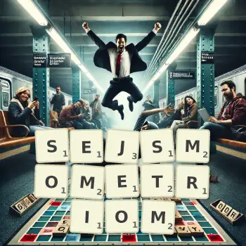 Kreatywna ilustracja do gry w Scrabble ze słowem SEJSMOMETRIOM ułożonym z płytek na planszy.