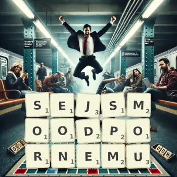 Kreatywna ilustracja do gry w Scrabble ze słowem SEJSMOODPORNEMU ułożonym z płytek na planszy.