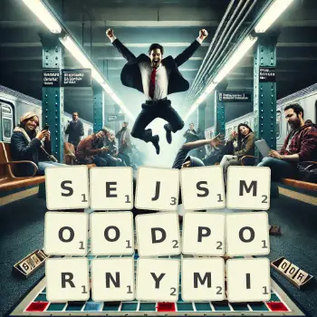 Kreatywna ilustracja do gry w Scrabble ze słowem SEJSMOODPORNYMI ułożonym z płytek na planszy.