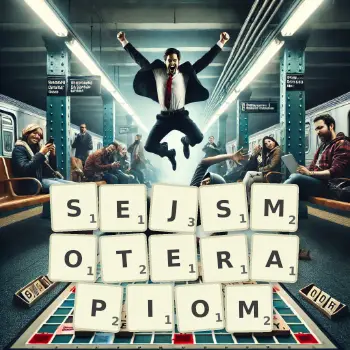 Kreatywna ilustracja do gry w Scrabble ze słowem SEJSMOTERAPIOM ułożonym z płytek na planszy.