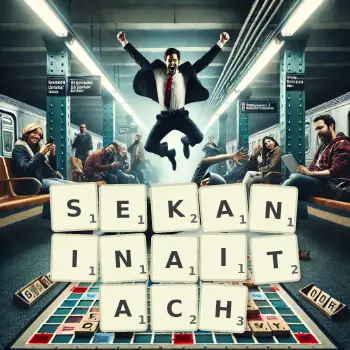 Kreatywna ilustracja do gry w Scrabble ze słowem SEKANINAITACH ułożonym z płytek na planszy.