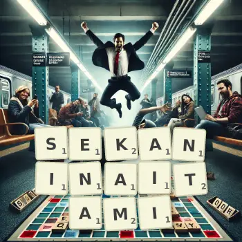 Kreatywna ilustracja do gry w Scrabble ze słowem SEKANINAITAMI ułożonym z płytek na planszy.