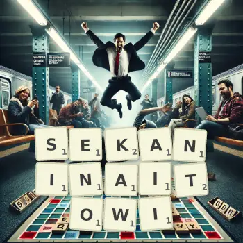 Kreatywna ilustracja do gry w Scrabble ze słowem SEKANINAITOWI ułożonym z płytek na planszy.