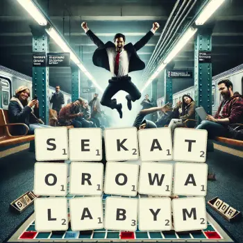 Kreatywna ilustracja do gry w Scrabble ze słowem SEKATOROWALABYM ułożonym z płytek na planszy.