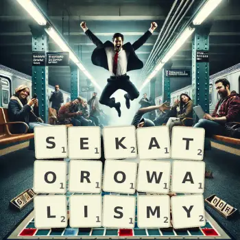 Kreatywna ilustracja do gry w Scrabble ze słowem SEKATOROWALISMY ułożonym z płytek na planszy.