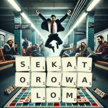 Kreatywna ilustracja do gry w Scrabble ze słowem SEKATOROWALOM ułożonym z płytek na planszy.