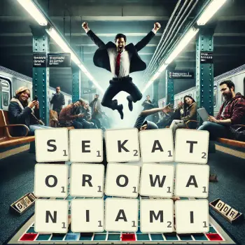 Kreatywna ilustracja do gry w Scrabble ze słowem SEKATOROWANIAMI ułożonym z płytek na planszy.