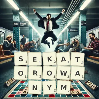 Kreatywna ilustracja do gry w Scrabble ze słowem SEKATOROWANYM ułożonym z płytek na planszy.