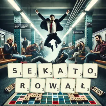 Kreatywna ilustracja do gry w Scrabble ze słowem SEKATOROWAŁ ułożonym z płytek na planszy.