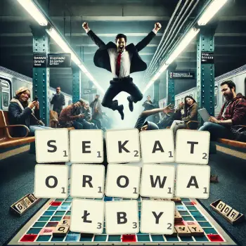Kreatywna ilustracja do gry w Scrabble ze słowem SEKATOROWAŁBY ułożonym z płytek na planszy.