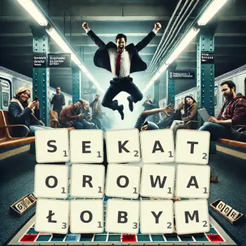 Kreatywna ilustracja do gry w Scrabble ze słowem SEKATOROWAŁOBYM ułożonym z płytek na planszy.
