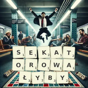 Kreatywna ilustracja do gry w Scrabble ze słowem SEKATOROWAŁYBY ułożonym z płytek na planszy.